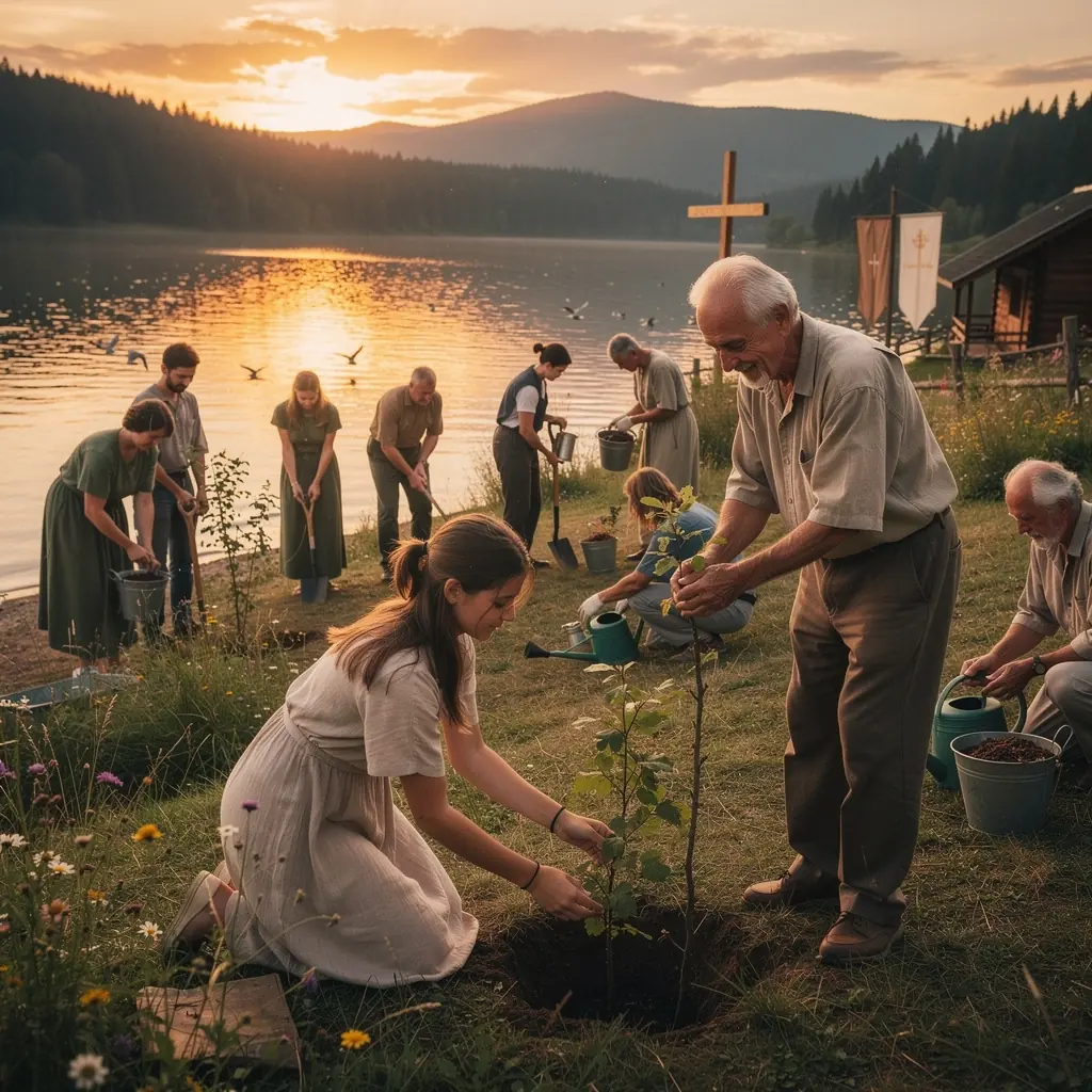 Rodina zapaluje svíčky během náboženského festivalu v parku.