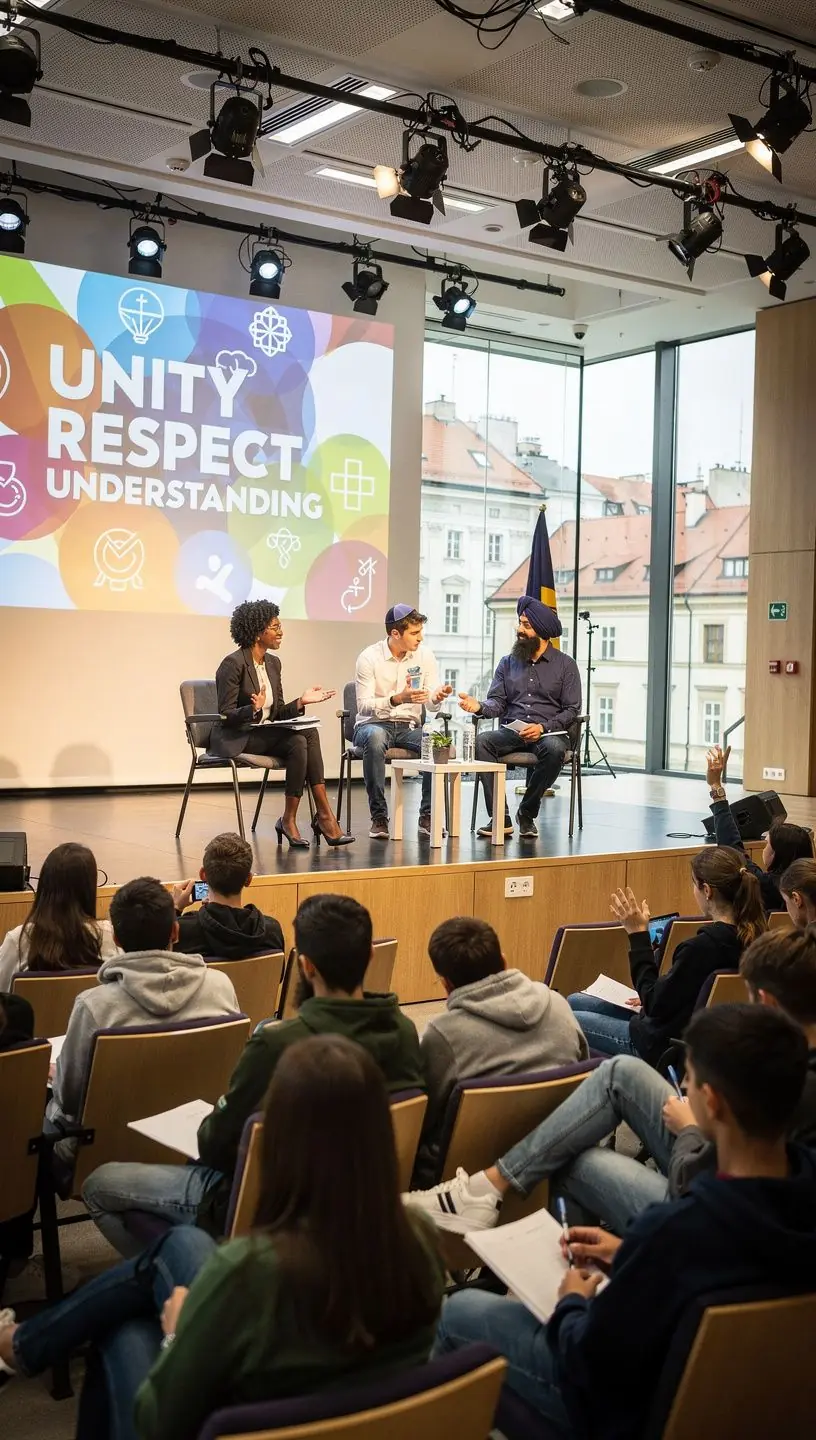 Účastníci náboženského festivalu nesou tradiční symboly svých vír.