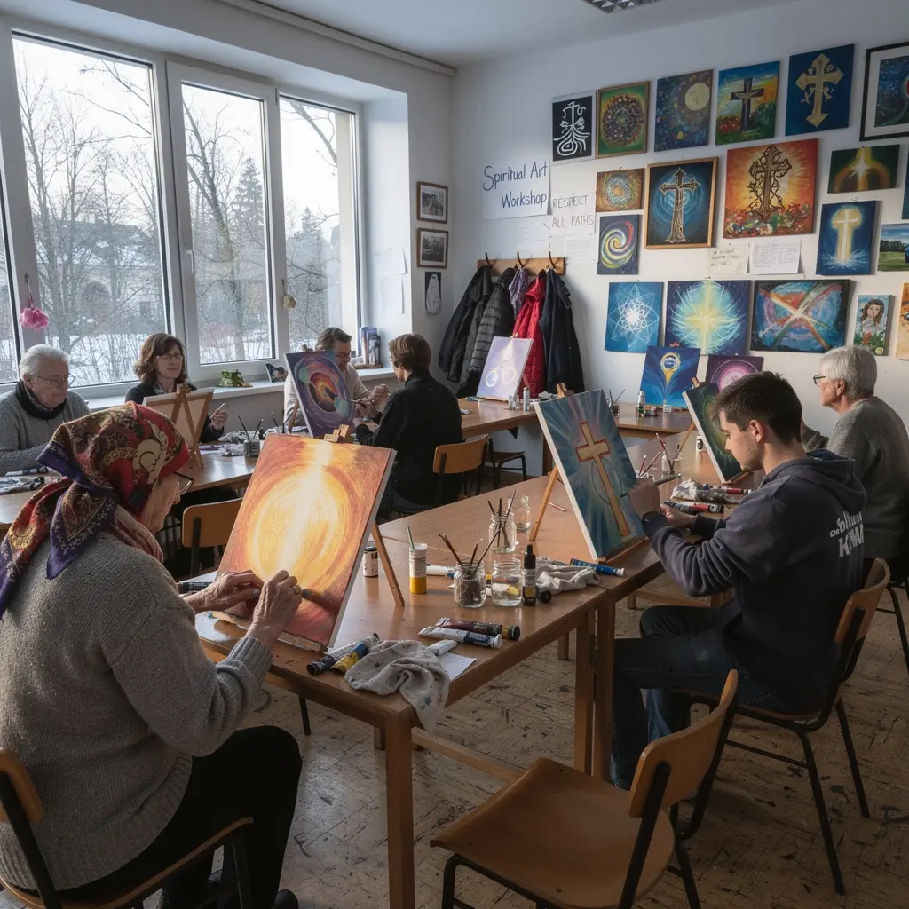 Skupina dětí se učí o různých náboženstvích prostřednictvím kreativních workshopů.