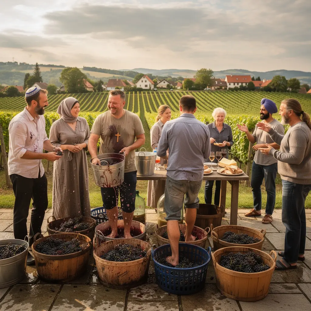 Obrázek skupiny lidí ze různých náboženství, kteří se společně modlí na veřejném místě.